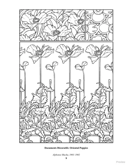 Coloring page: Documents Décoratifs: Oriental Poppies by Alphonse Mucha, 1901–1902