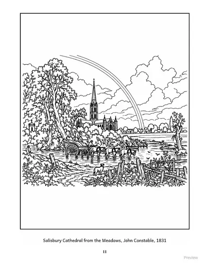 Coloring page: Salisbury Cathedral from the Meadows by John Constable, 1831