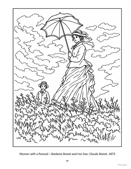 Coloring page: Woman with a Parasol, Madame Monet and Her Son by Claude Monet, 1875