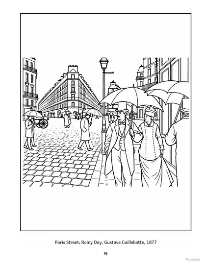 Coloring page: Paris Street; Rainy Day by Gustave Caillebotte, 1877