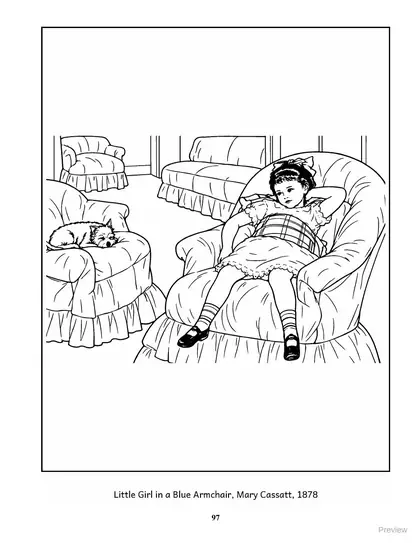Coloring page: Little Girl in a Blue Armchair by Mary Cassatt, 1878