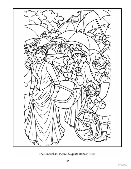 Coloring page: The Umbrellas by Pierre-Auguste Renoir, 1881