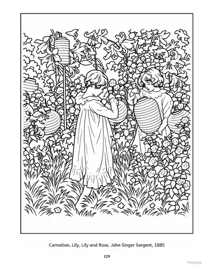 Coloring page: Carnation, Lily, Lily and Rose by John Singer Sargent, 1885